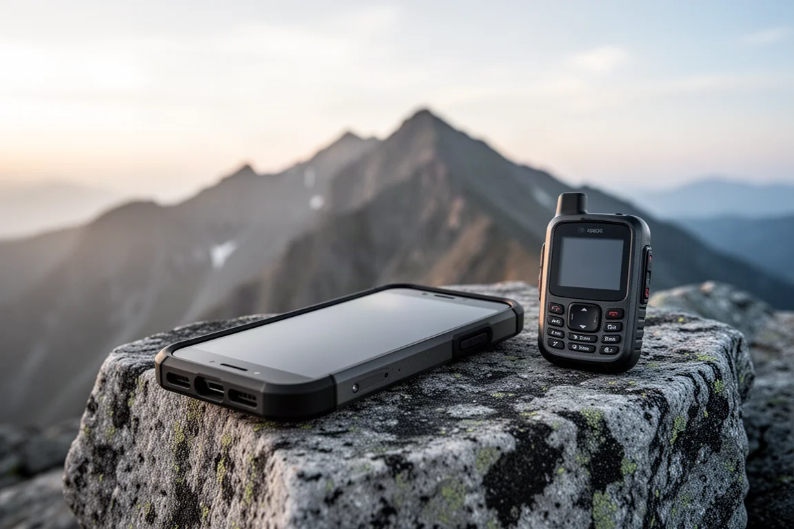 Smartphone on a granite ledge in a high desert landscape under a clear sky