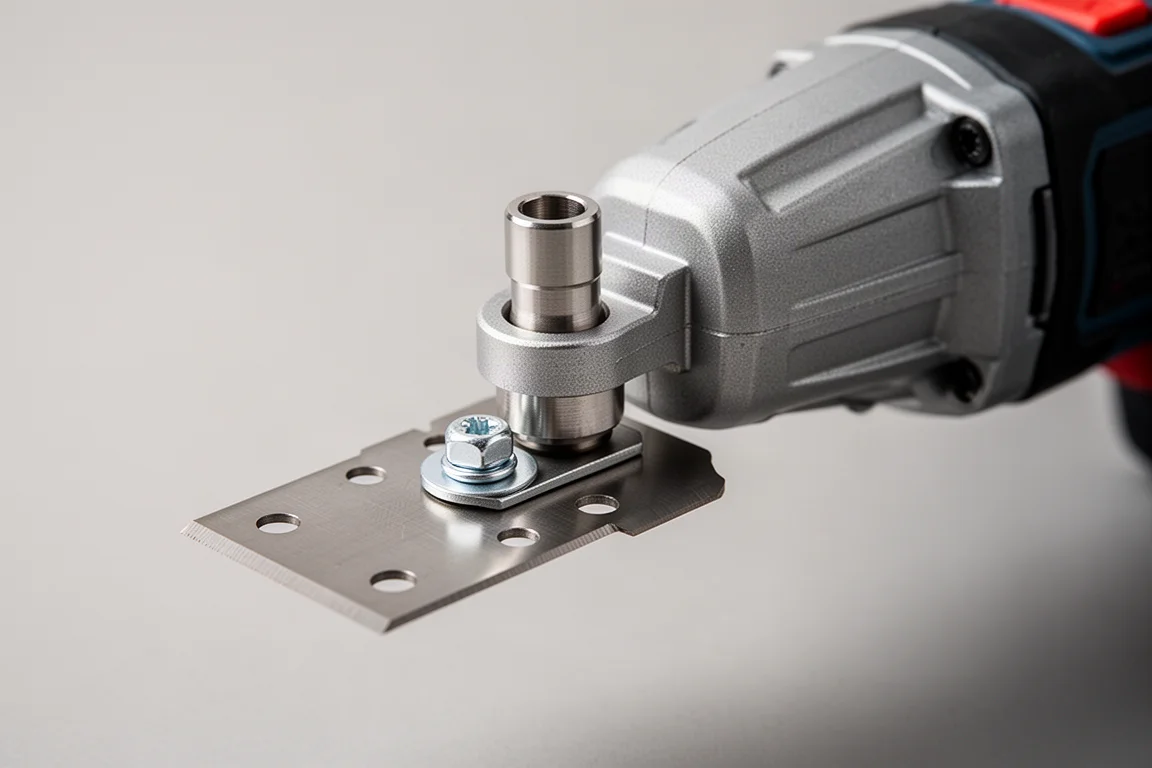 Detaljbild utan händer på en Starlock-adapter monterad på ett multiverktygshuvud med ett skruvfäst OIS-blad