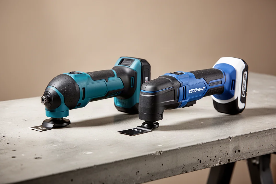 Makita and Bosch cordless oscillating multi-tools side by side on a concrete bench