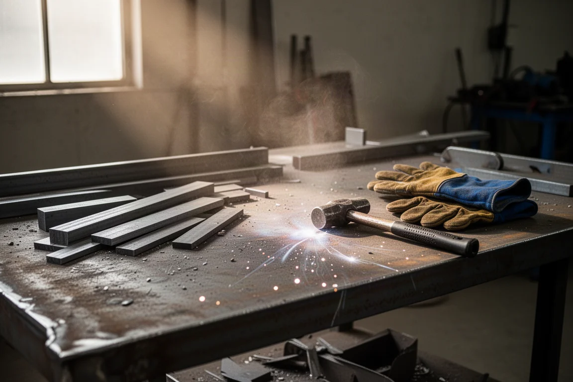 Banco de trabajo de un soldador con herramientas de fabricación y piezas de acero bajo luz cálida