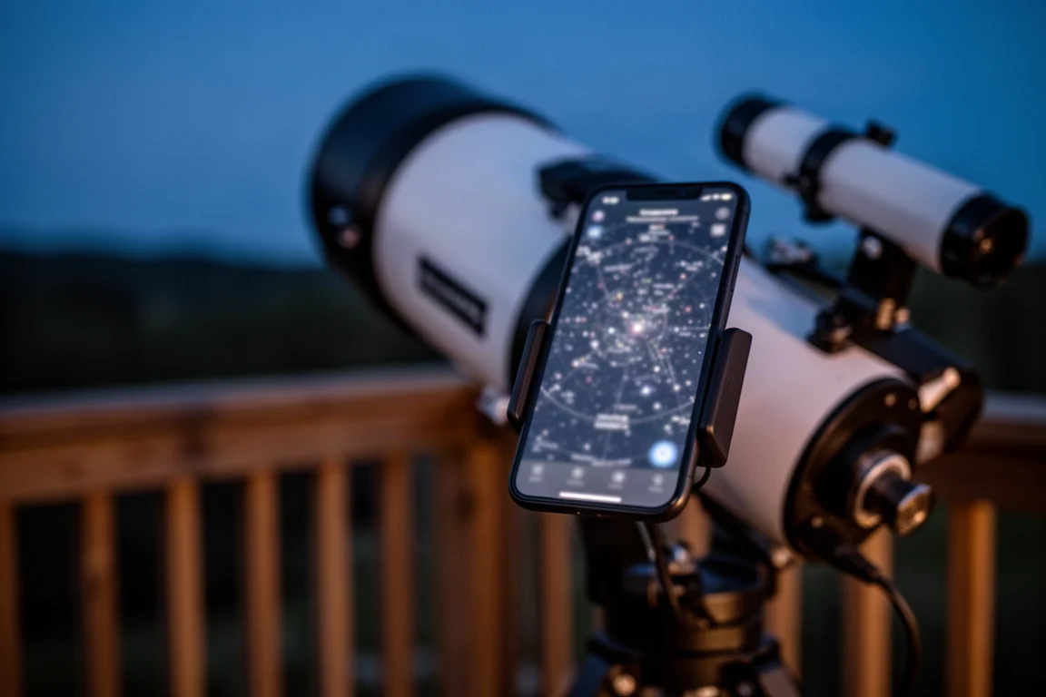 Smartphone auf einem Teleskop montiert, das bei Dämmerung eine Sternfind-App zeigt