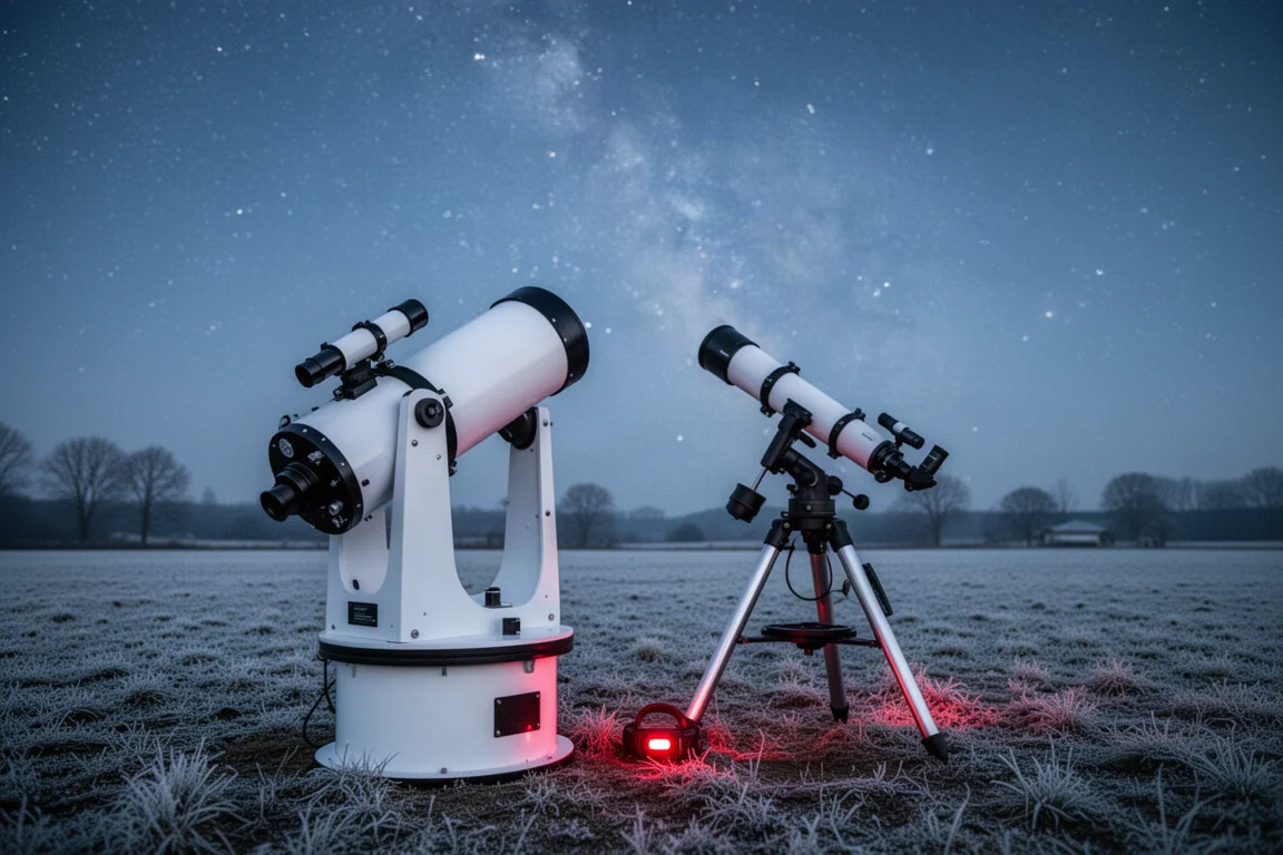 Zwei Teleskope nebeneinander auf einem dunklen Feld unter sternklarem Himmel