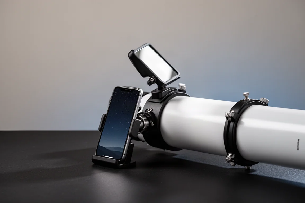 Smartphone-Dock-Zubehör mit schräg montiertem Spiegel an einem Dobsonian-Teleskoprohr