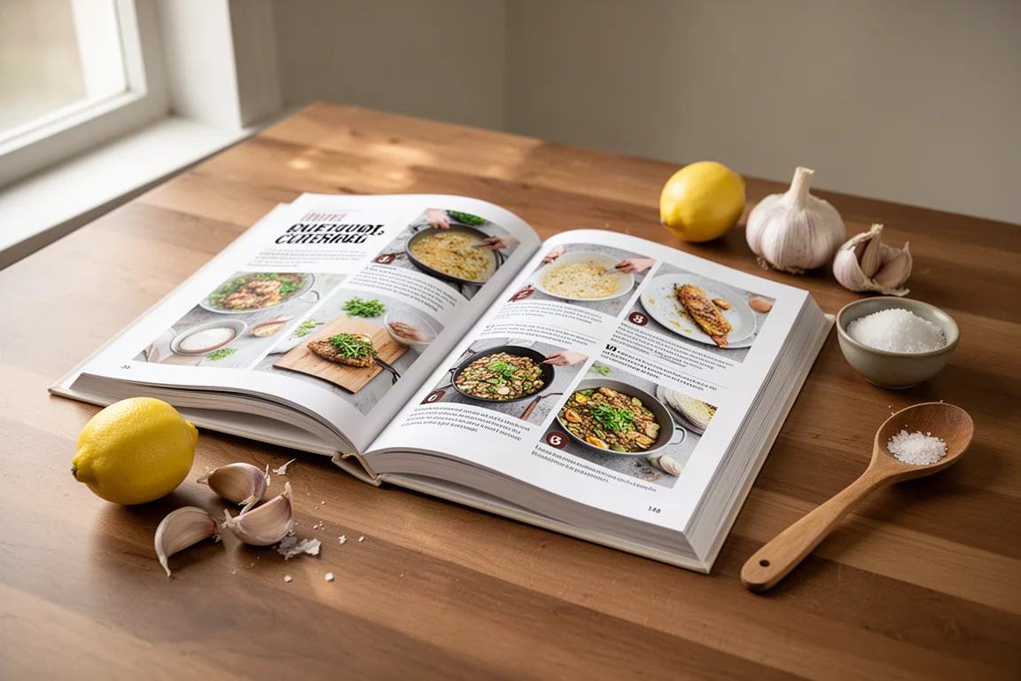 Open hardcover cookbook on a wooden table with fresh ingredients nearby