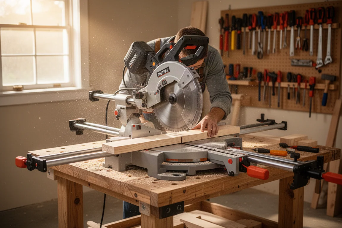 Woodworker using a miter saw on a sturdy workbench in a garage workshop