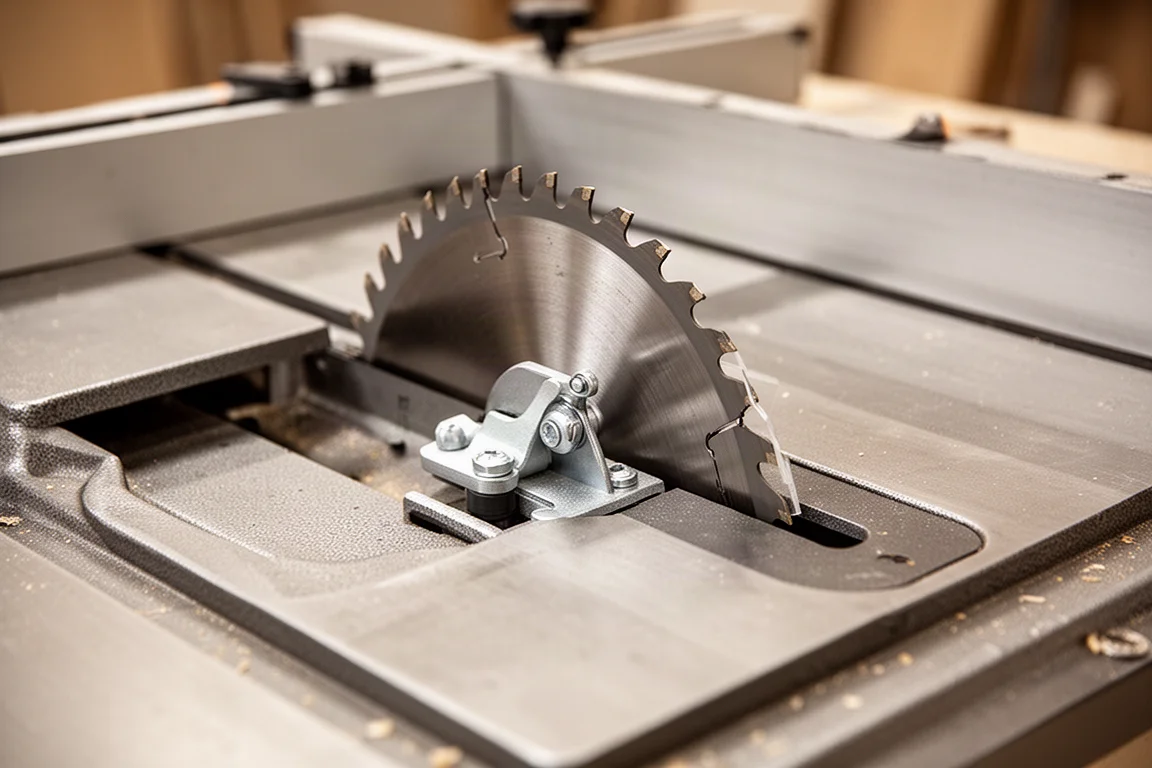 Close-up of a table saw blade with a safety brake mechanism visible