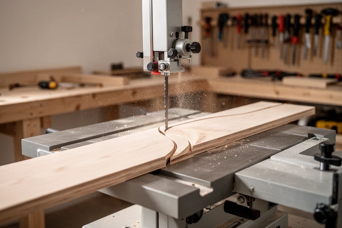 Benchtop band saw cutting a curved line through a wooden board