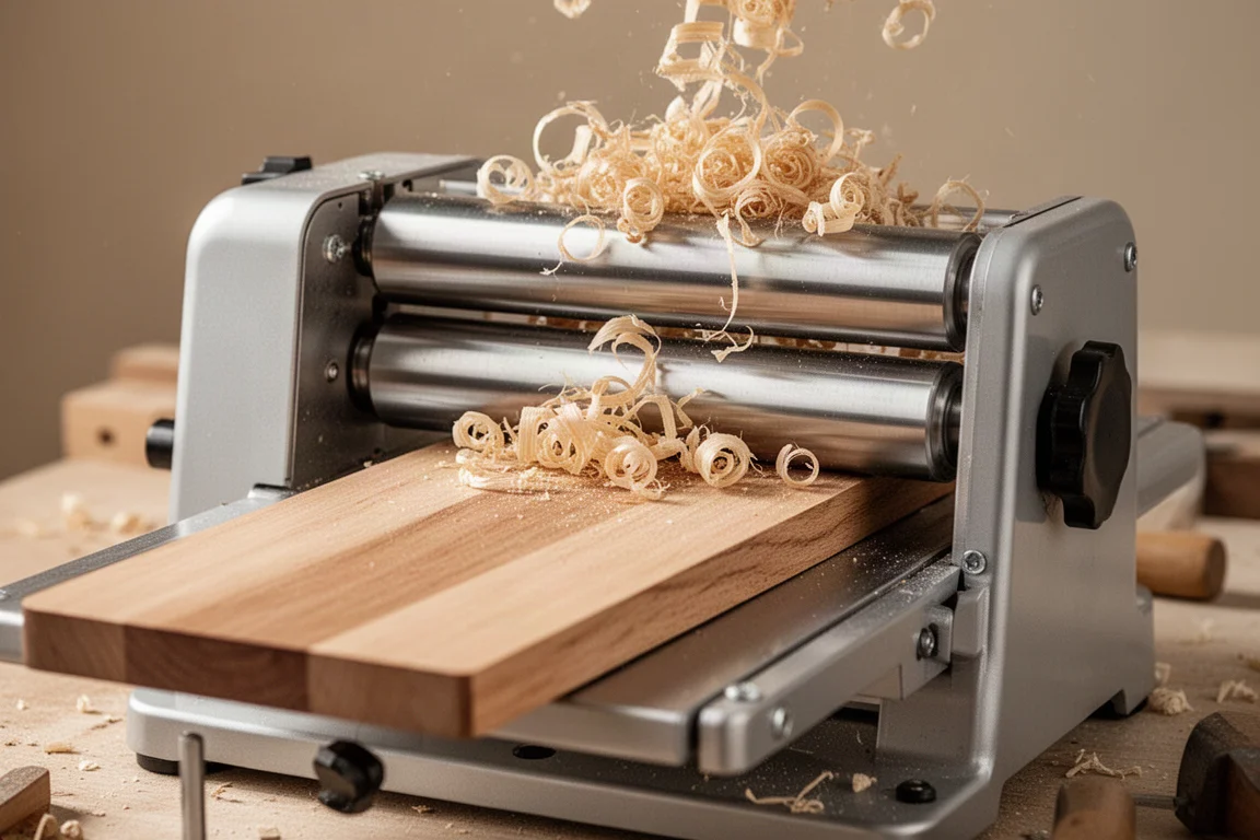 Benchtop planer smoothing a wooden board with curly shavings