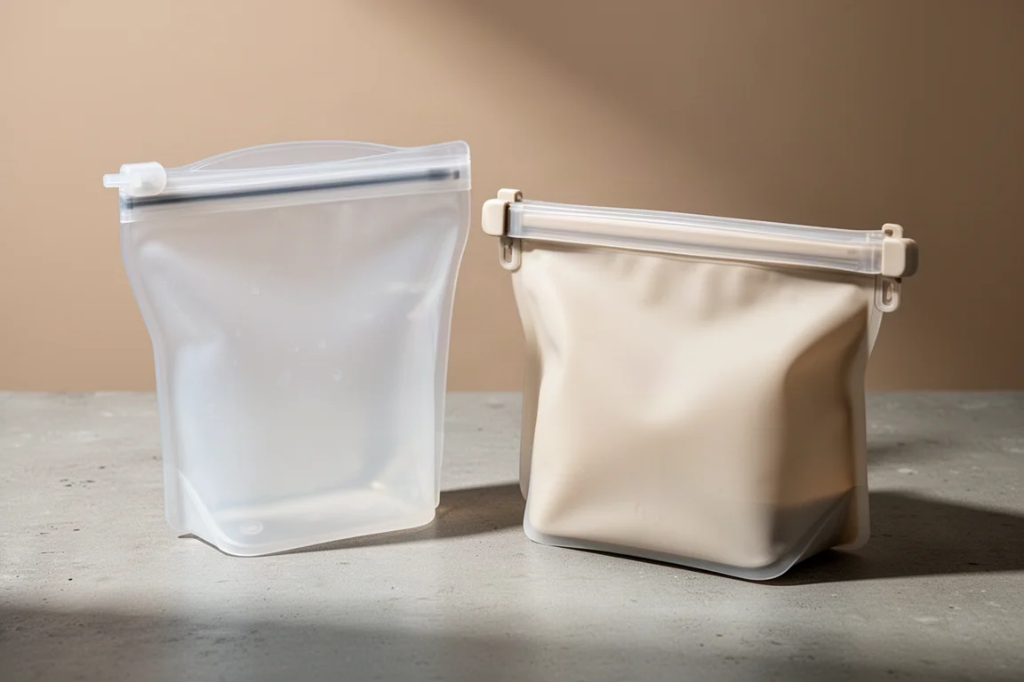 Un sacchetto alimentare in silicone e una busta da viaggio autoportante affiancati su cemento