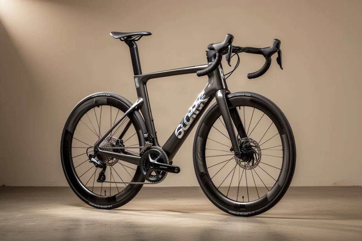Bare carbon road racing bike with deep carbon wheels on a concrete studio floor