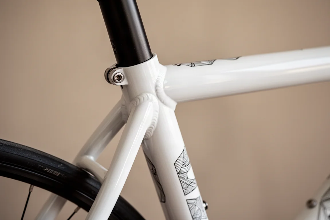 Primer plano de la unión del cuadro de una bicicleta de aluminio mostrando tubos redondos lisos y detalle de soldadura