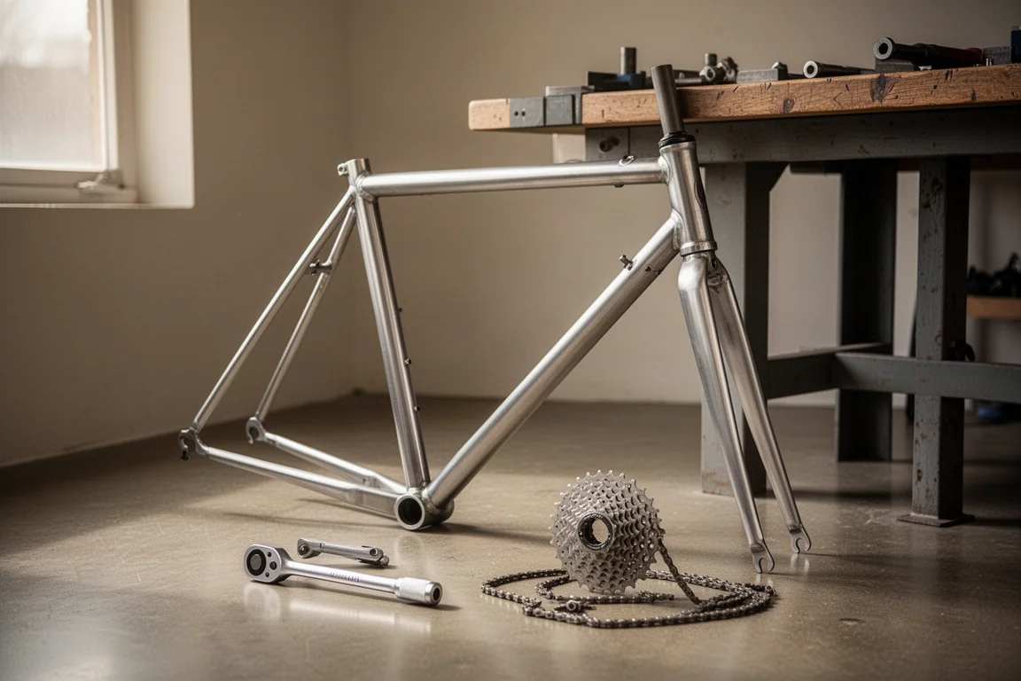 Cuadro de bicicleta de carretera de aluminio desnudo apoyado contra un banco de taller con herramientas cerca