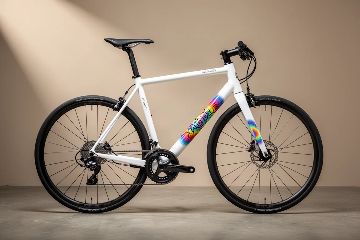 Bicicleta de carretera de aluminio en blanco brillante con gráficos tie-dye vista de perfil sobre hormigón