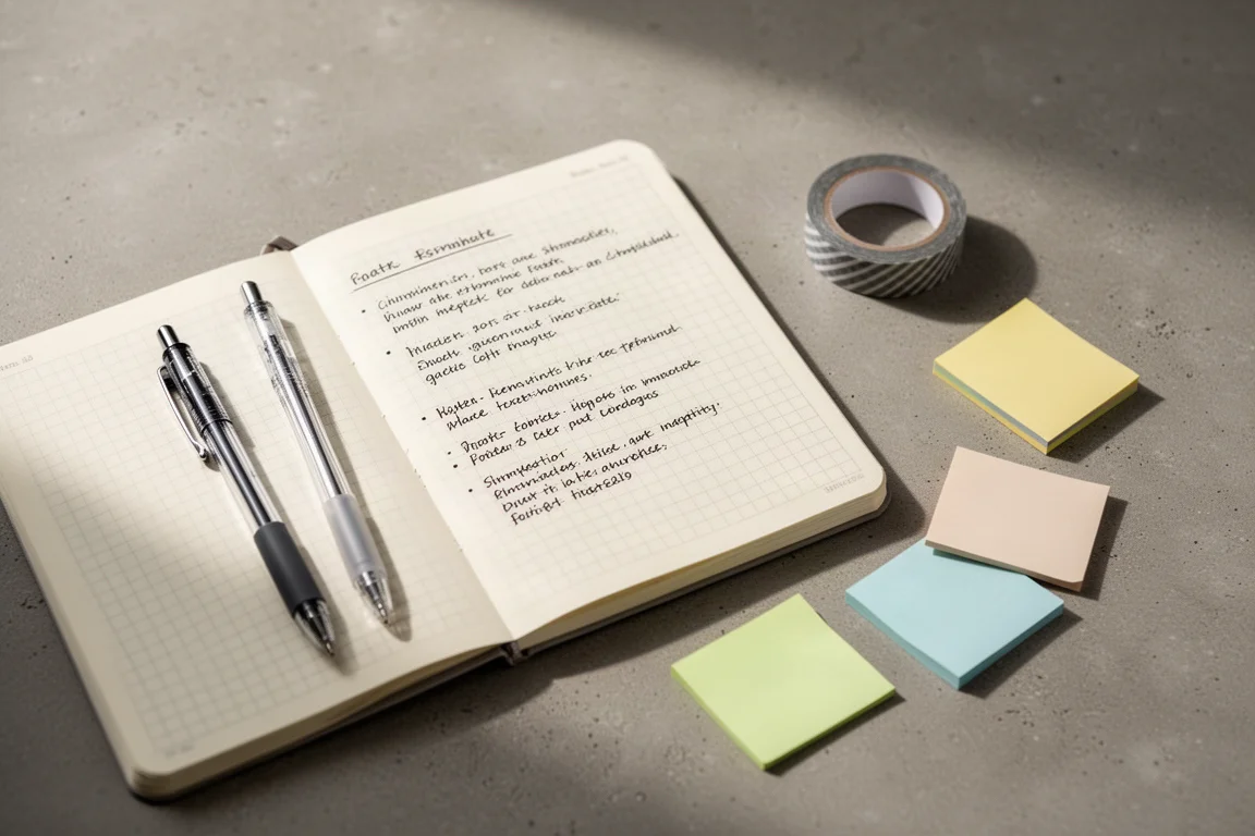 Flat-lay van pennen, washi-tape en post-its op een licht bureau