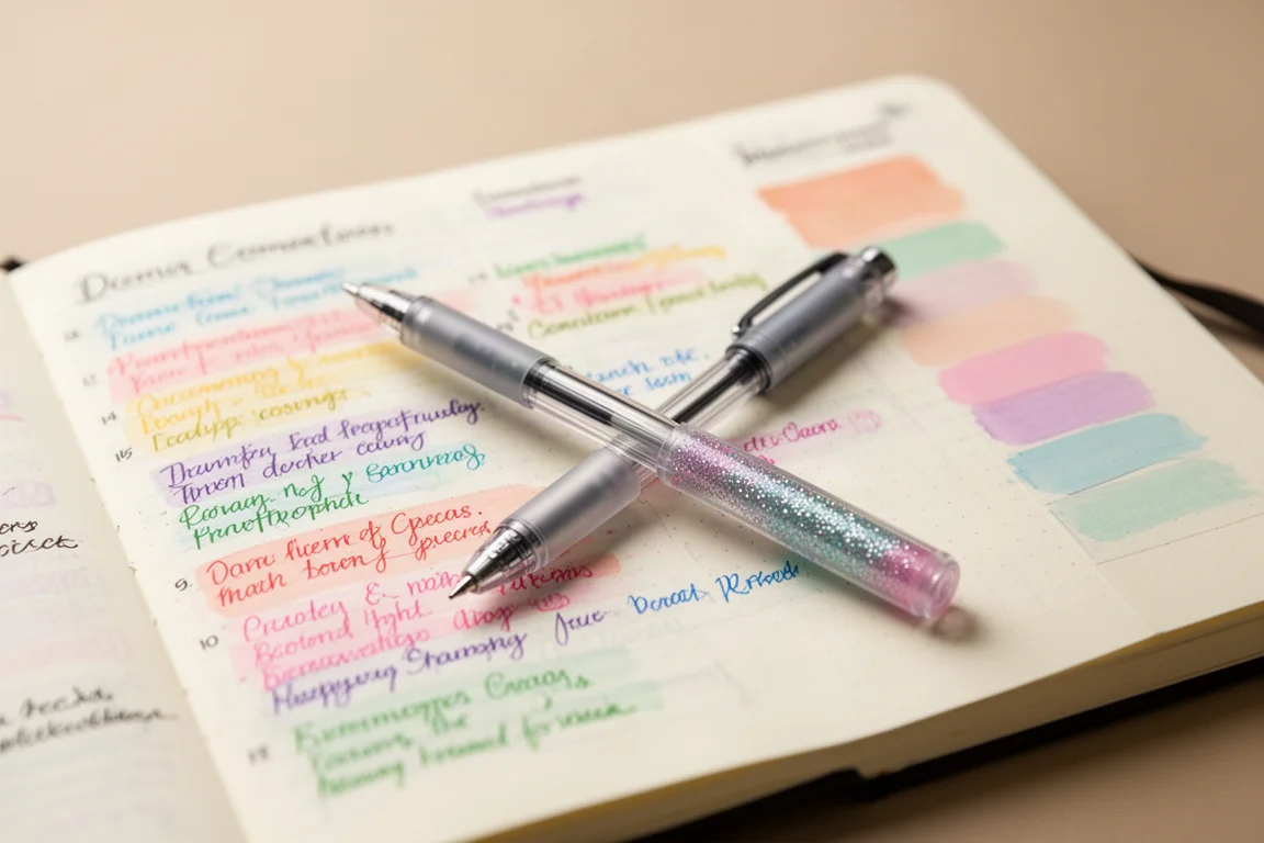 Gel-pennen en een glitter-markeerstift op een open journaalspread