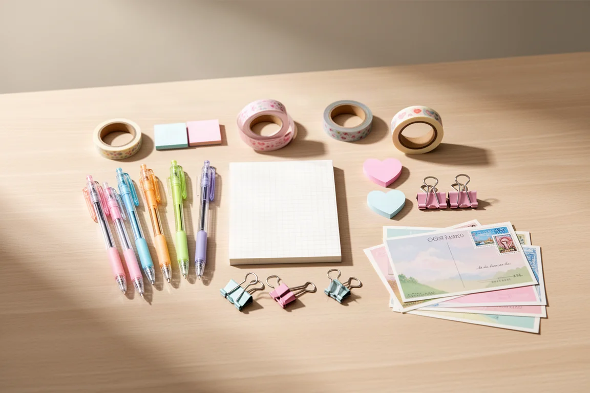 Composizione in flat-lay di articoli di cancelleria con penne, quaderno, washi tape e post-it su una scrivania