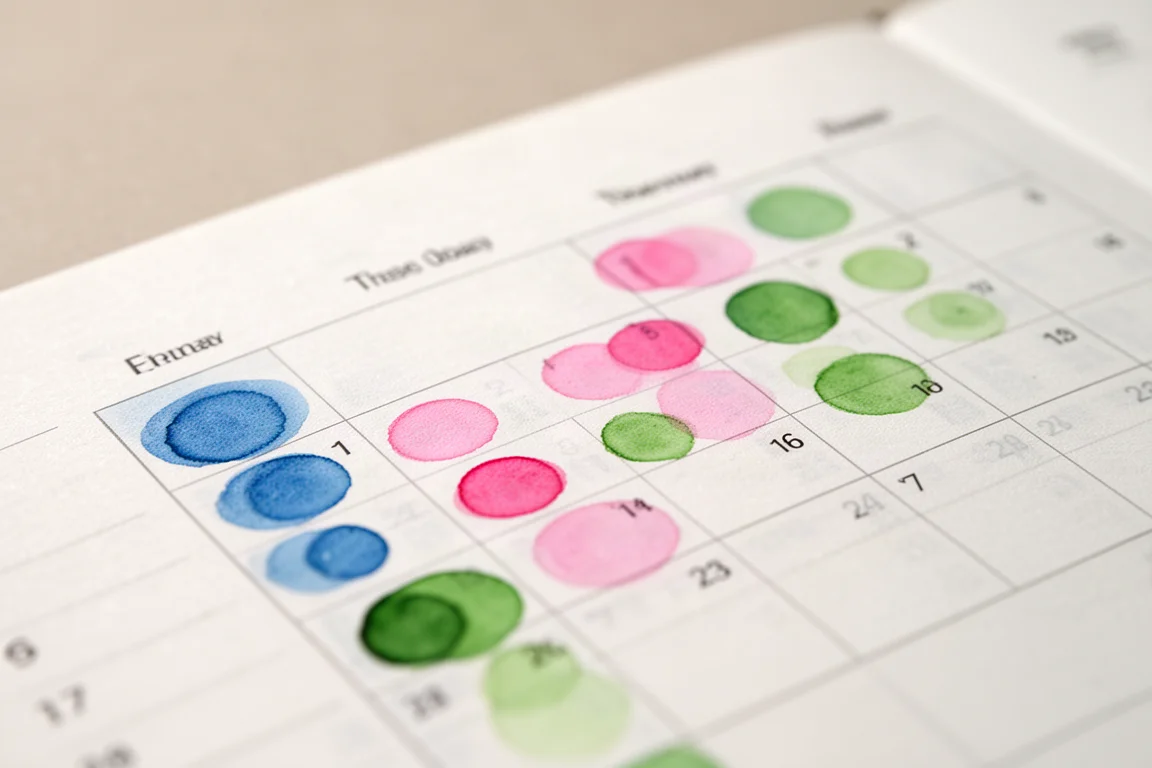 Color-coded dot marks made by marker tips on a planner page