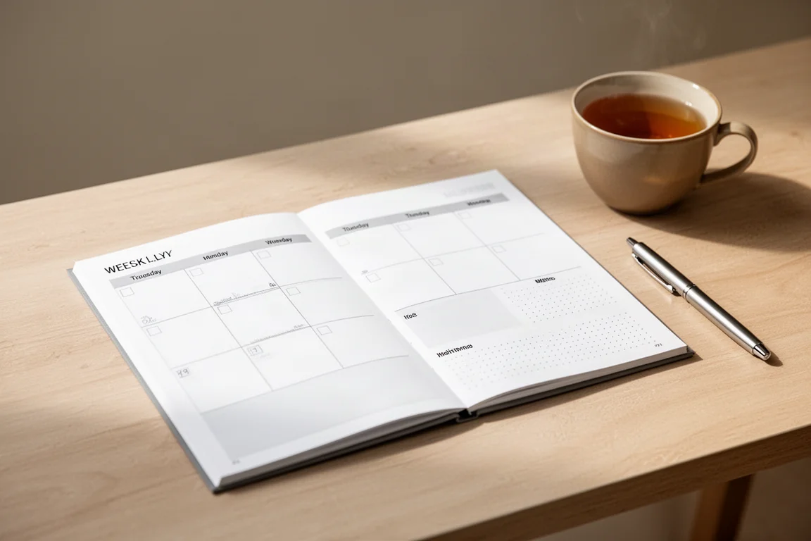 Weekly planner with blank memo sections lying on a wooden desk