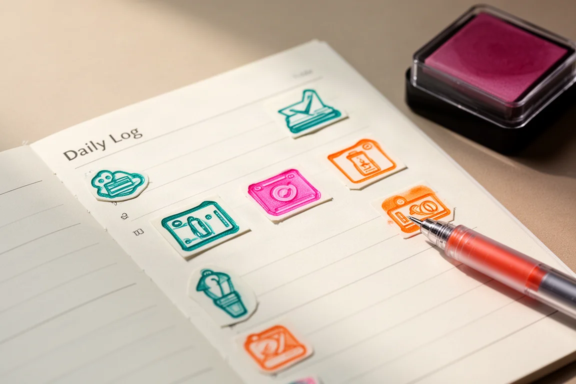 Stamp designs filled in with colorful ink on a planner page
