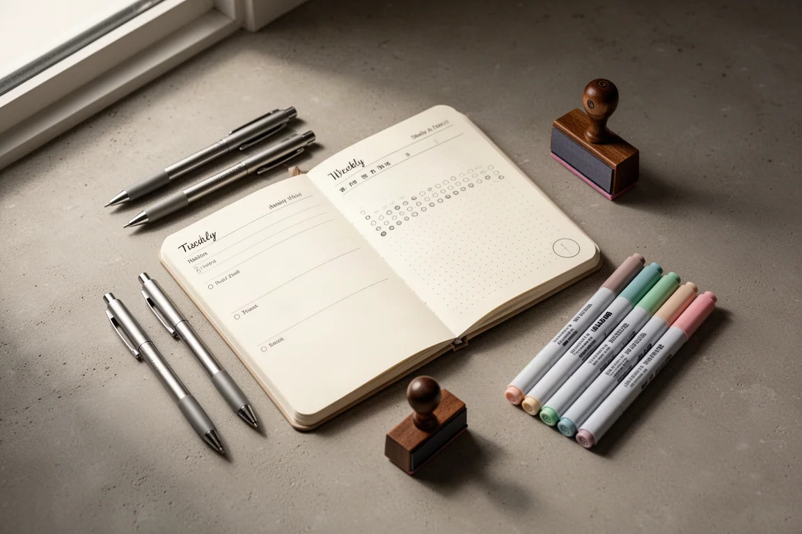 Composizione flat-lay di planner, penne, timbri e marker su una superficie in cemento