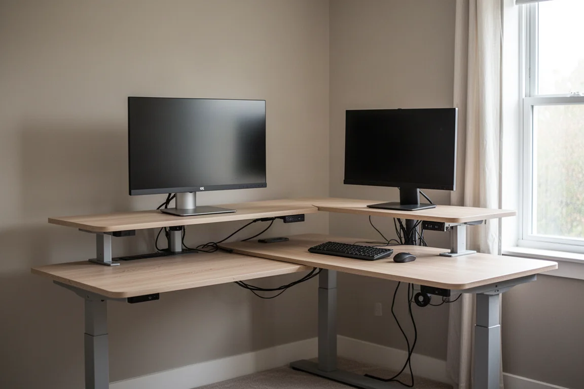 Verstellbares Stehschreibtisch-Gestell in einem Homeoffice mit doppelten Arbeitsflächen