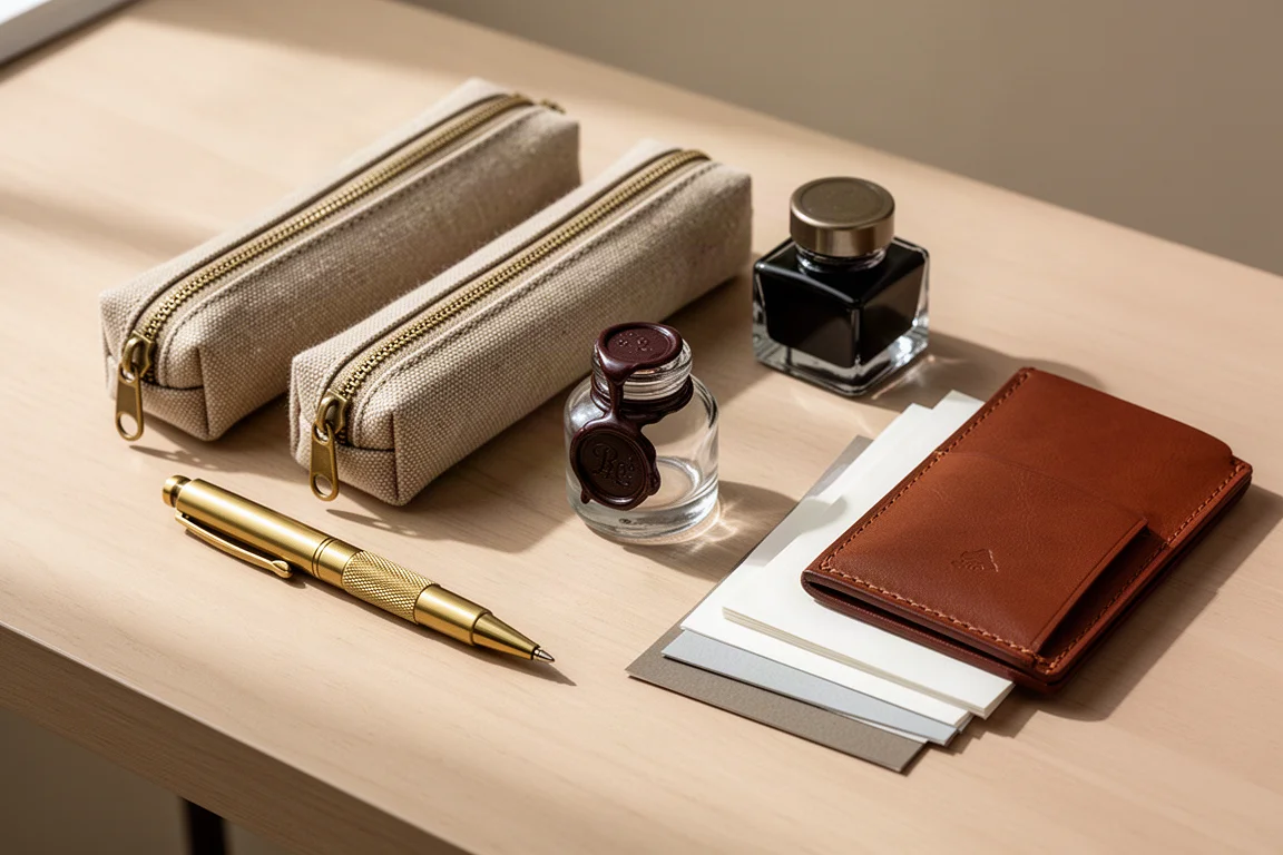 Desk flat lay with brass pen, canvas pen cases, ink bottle, and swatch cards