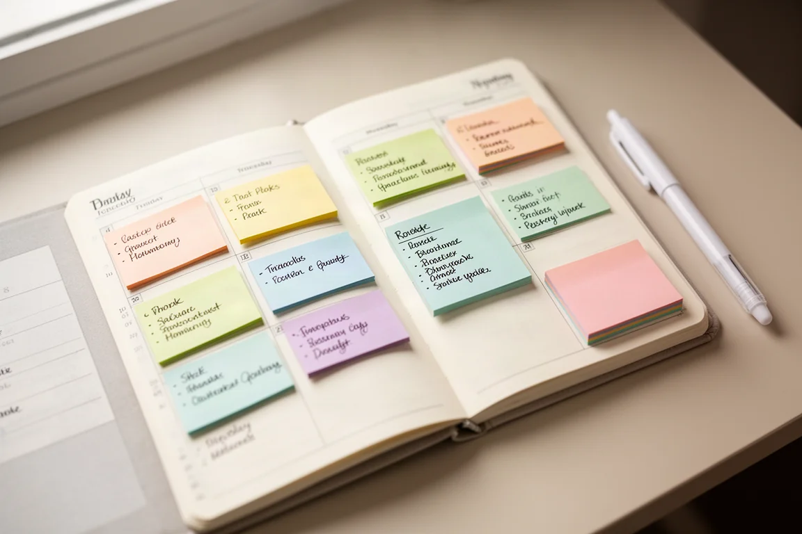 Offener Planner mit pastellfarbenen Haftnotizen, die wöchentliche To-do-Listen markieren