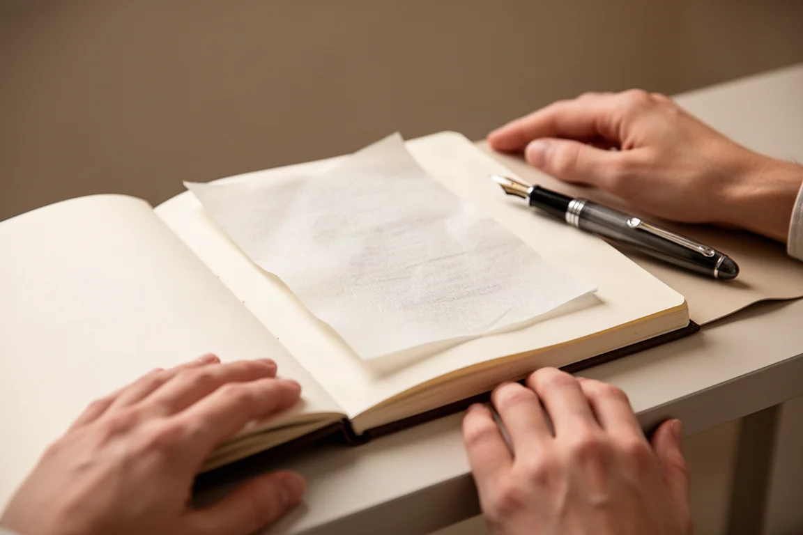 Linkshändige Schreiberin mit einem Blatt Löschpapier neben ihrem Journal