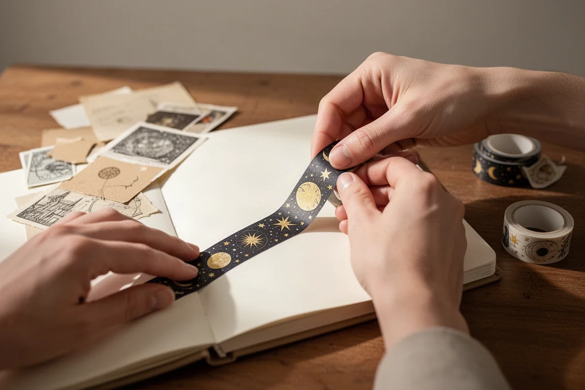 Dekoratives Washi Tape wird auf eine Journal-Seite gedrückt
