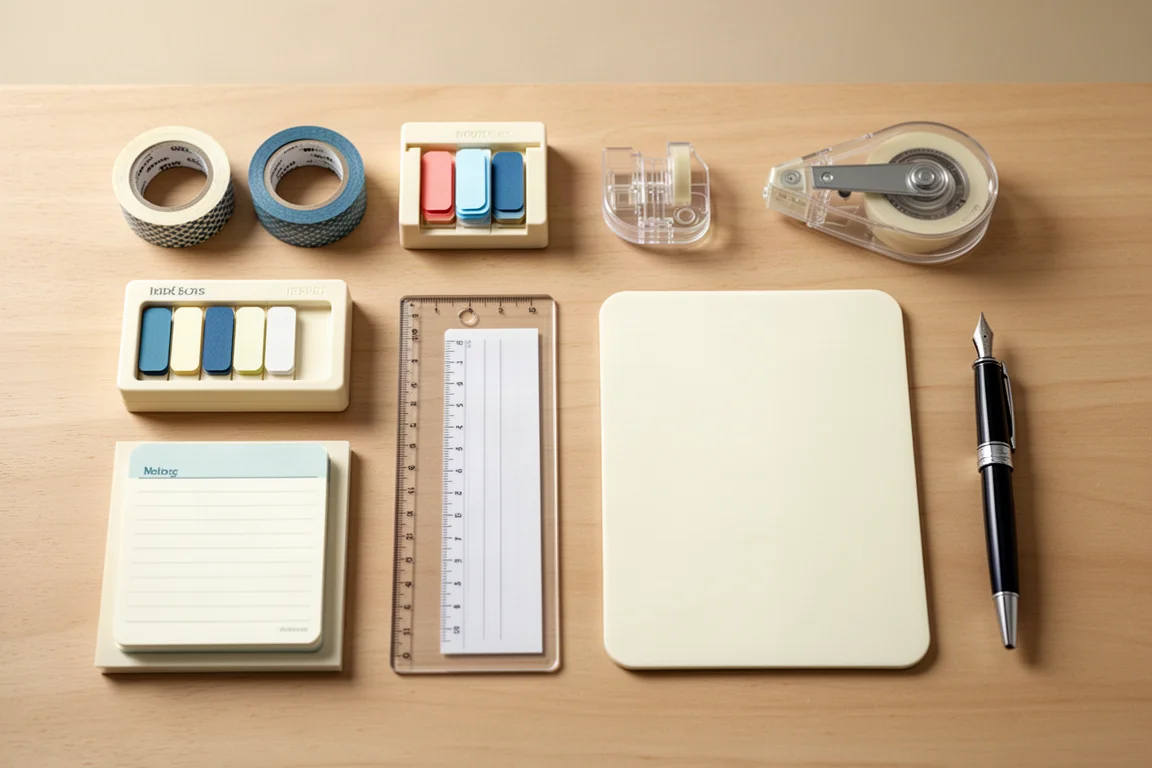 Flat-Lay mit verschiedenen Journaling-Zubehörteilen, arrangiert auf einem Schreibtisch aus Holz