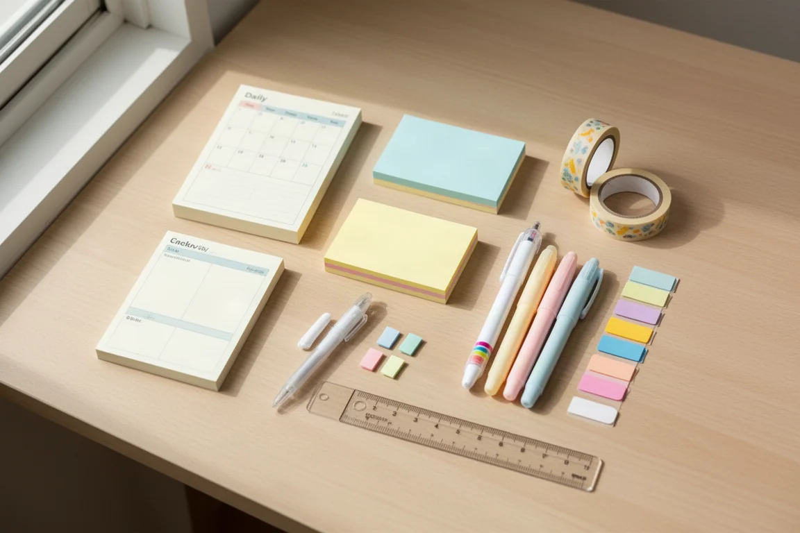 Flat-lay of planner and journaling supplies on a light wooden desk