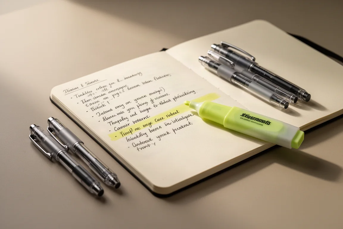 Studentenbureau met Campus-notitieboek, multifunctionele pen en markeerstift tijdens een studiesessie