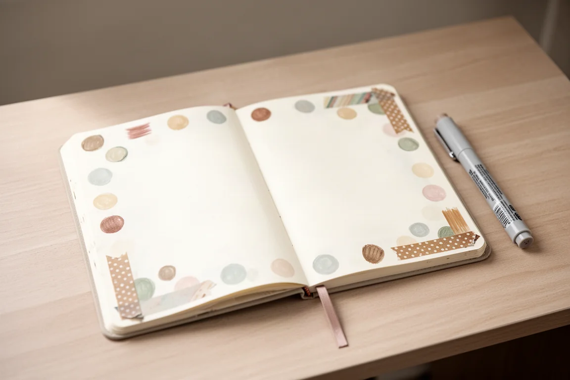 Journalpagina versierd met dot marker-kleur en washi tape-accenten