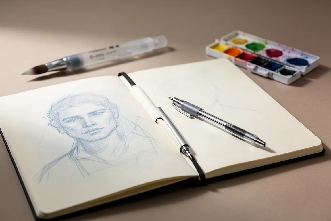 Schetsboek van een kunstenaar met lichtblauwe vooraftekening en fijn liner-pen erop