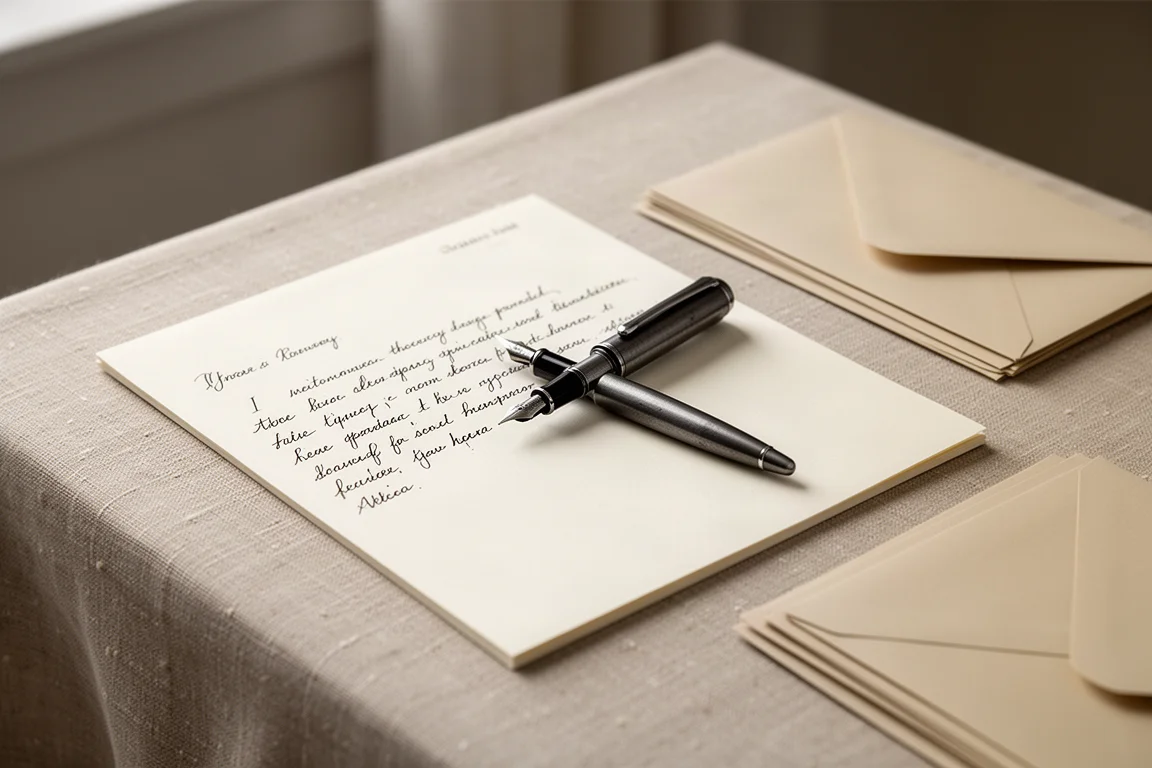 Briefschrijfscène met glad notitieblok, vulpen en enveloppen