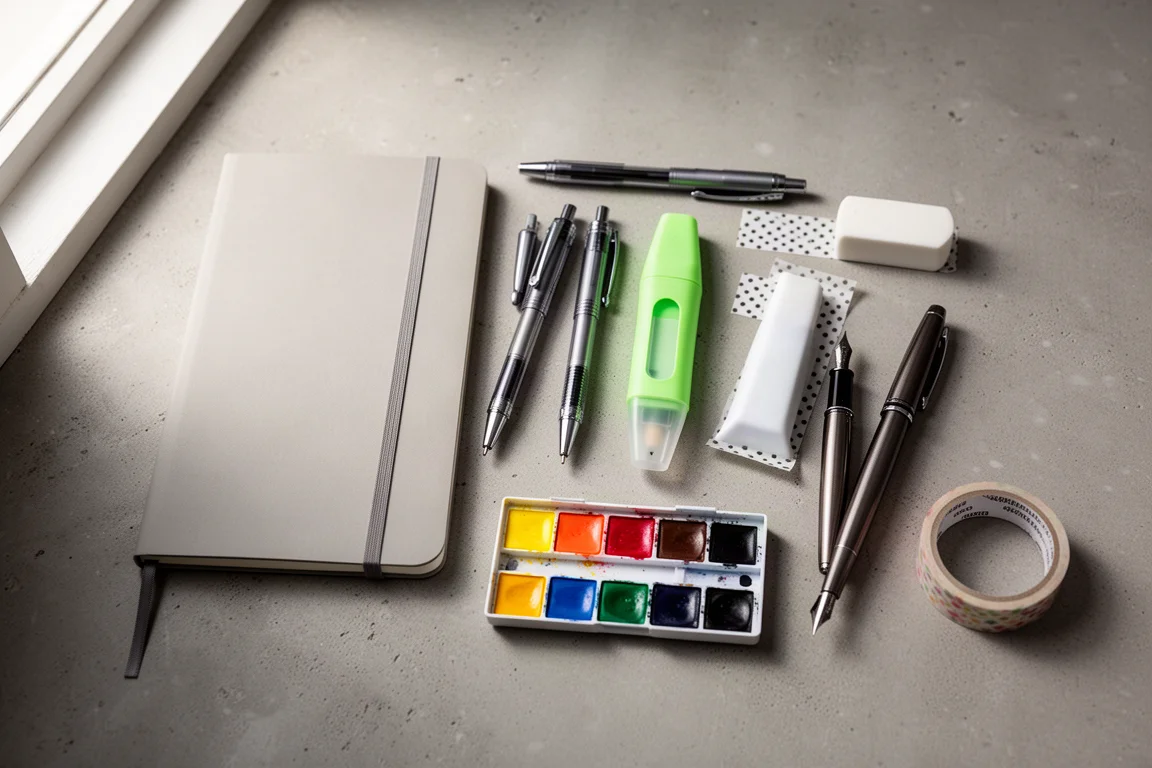 Flat-lay of notebooks, pens, highlighter, eraser, watercolor palette and washi tape on concrete