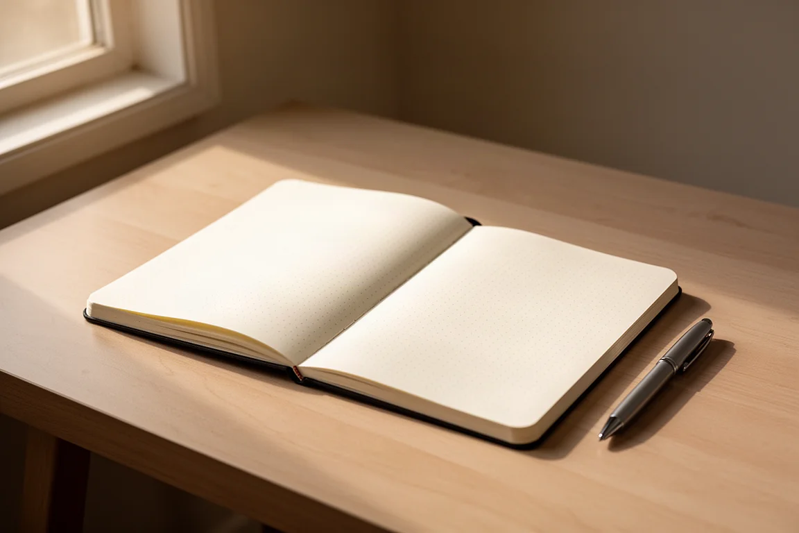 Quaderno B5 a puntini aperto su una scrivania accanto ad attrezzi per scrivere