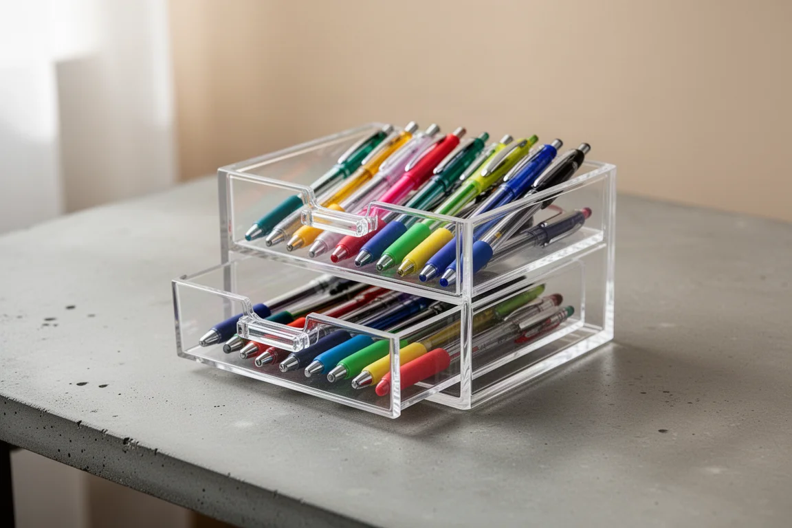 Organizzatore in plexiglass trasparente che contiene penne su una scrivania
