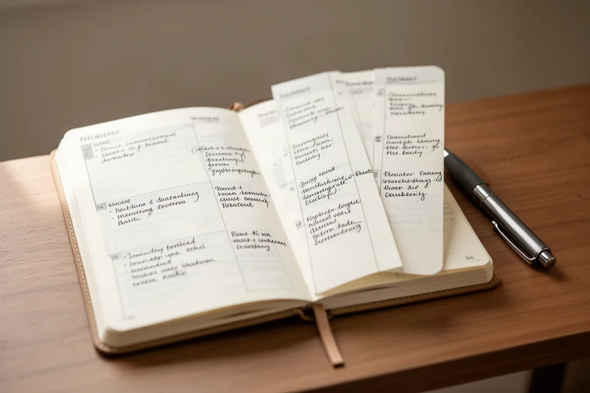 Open B6 planner with vertical weekly layout and handwritten to-do lists
