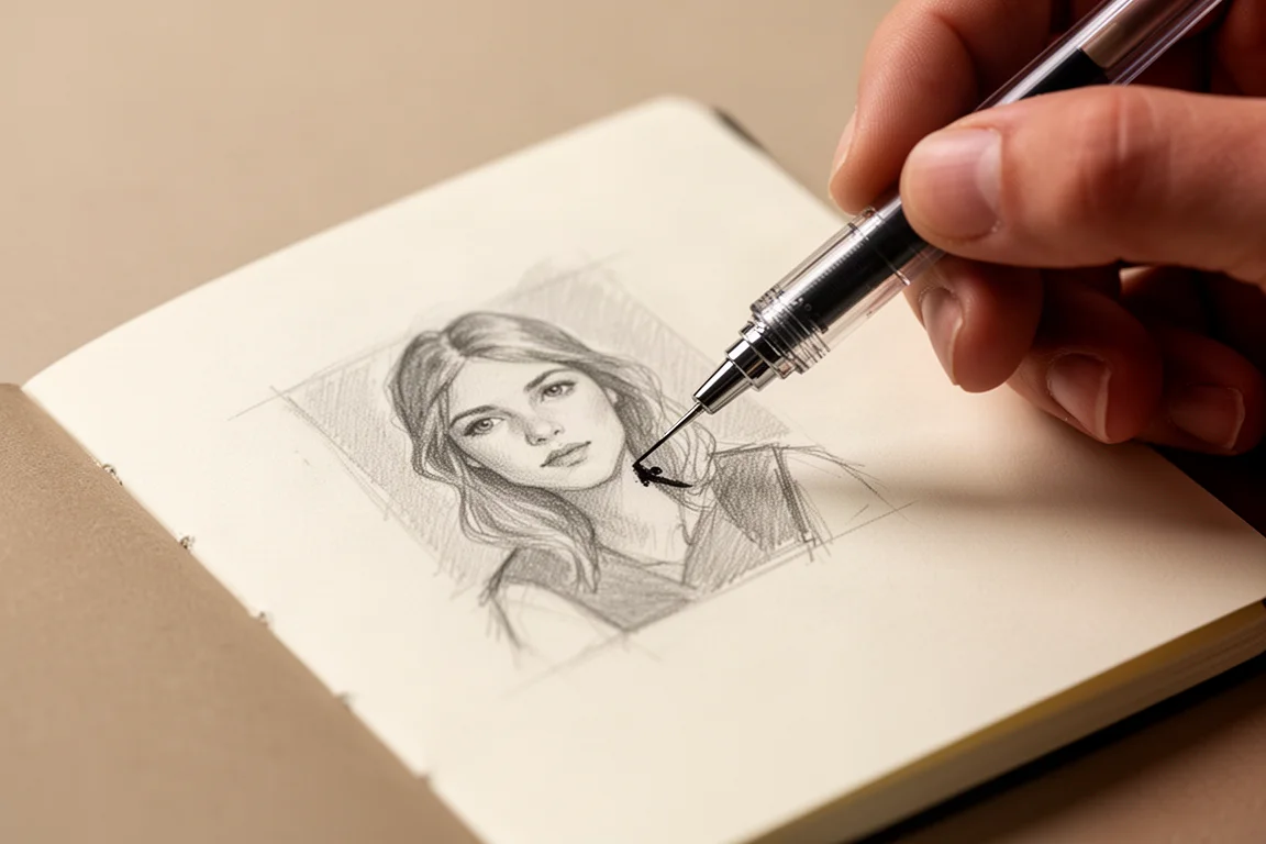 Small ink drawing of a daily moment beside fine liner pen on notebook page