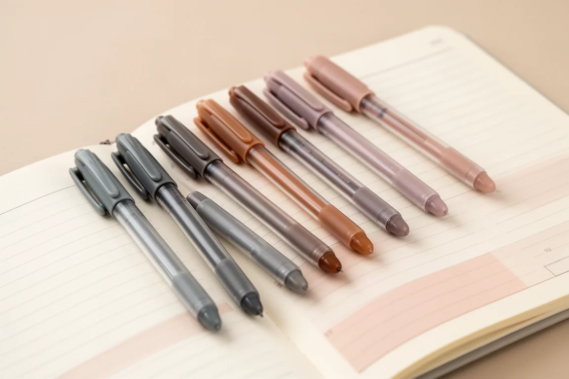 Row of gel pens in muted vintage shades beside an open journal