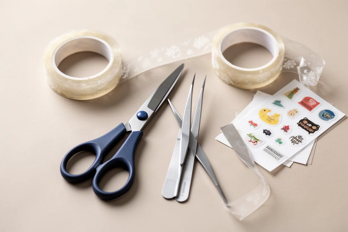 Scissors and precision tweezers cutting decorative tape on a craft desk