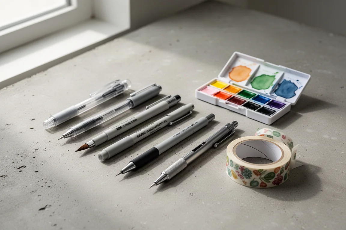 Flat-Lay mit Stiften, Bleistift, Aquarellkasten und Klebeband auf Betonoberfläche