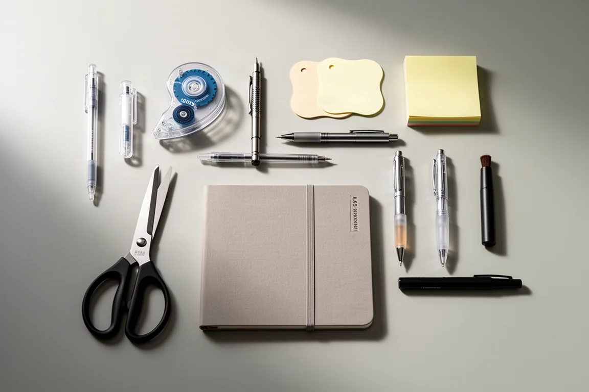 Flat-lay of nine stationery items including pens, correction tape, scissors, and a planner notebook