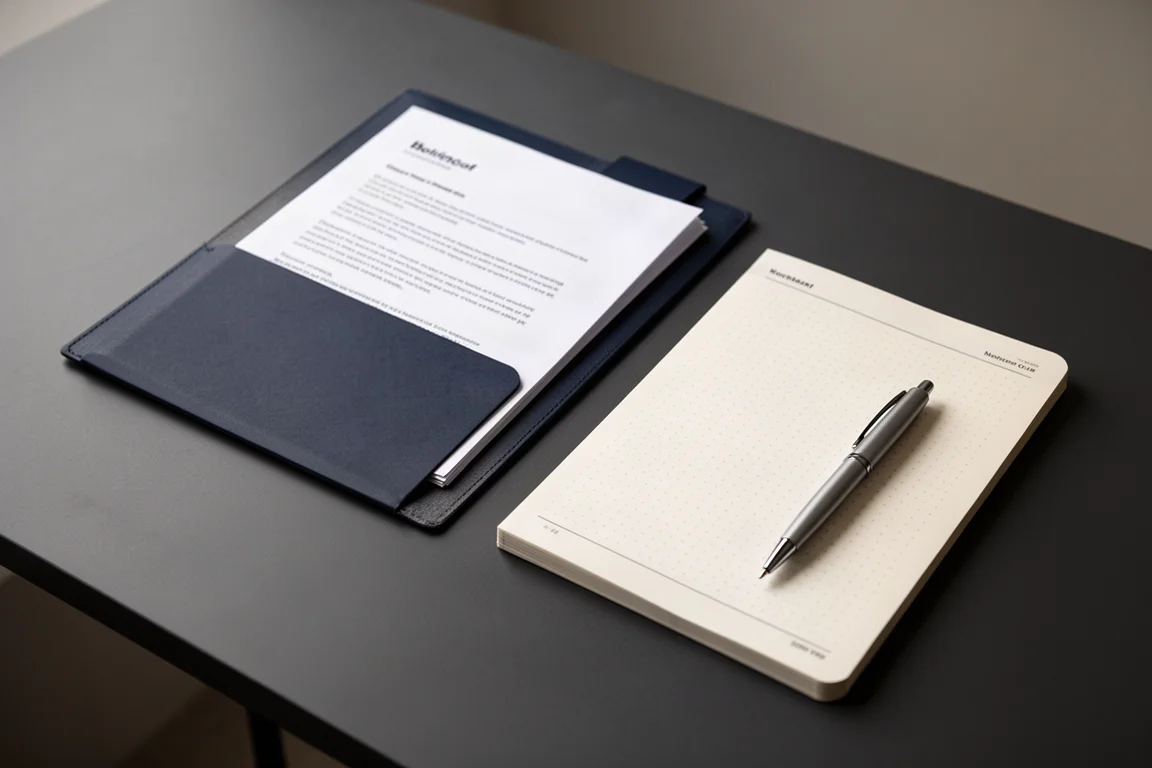 Business-Notizbuch und Dokumentenmappe auf einem aufgeräumten Schreibtisch
