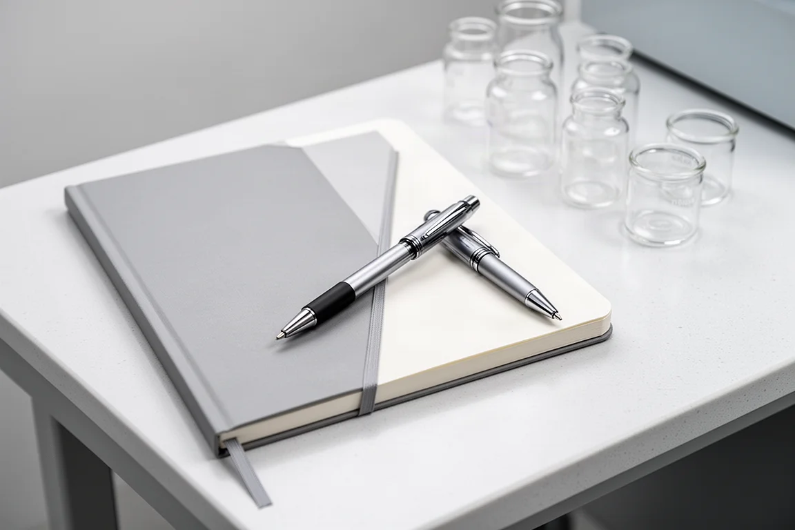 Laborbank mit Notizbuch, Federmäppchen und beschrifteten Glasbehältern