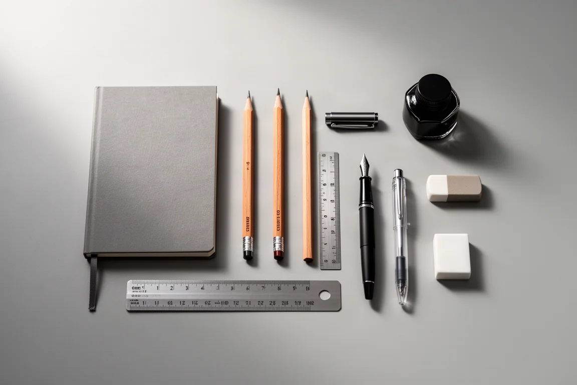 Flat-lay of assorted stationery including sketchbook, pencils, ruler and pens on a grey desk