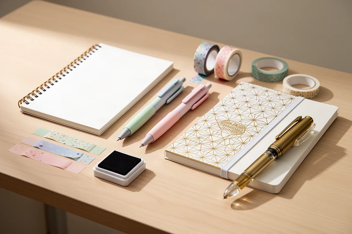 Flat-lay of assorted stationery including notebooks, pens, washi tape, and an ink pad on a wooden desk