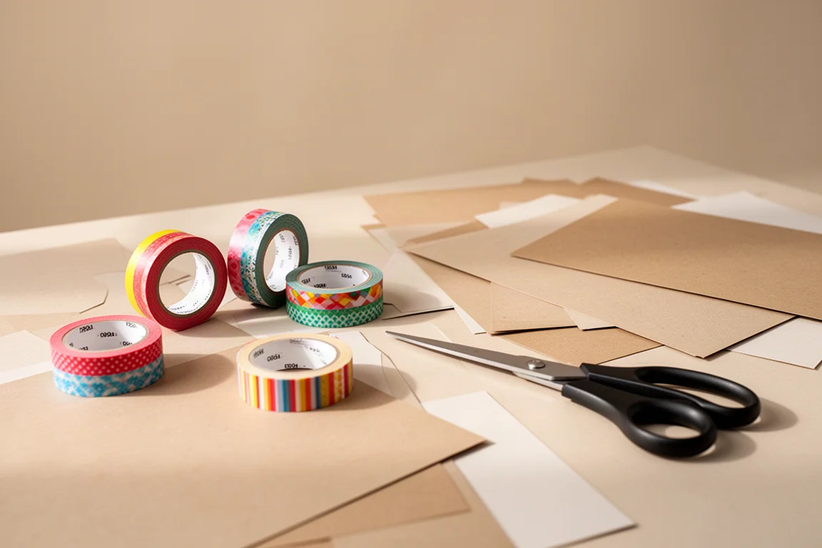 Mãos envolvendo um projeto de artesanato de papel com fita washi sobre uma mesa de trabalho