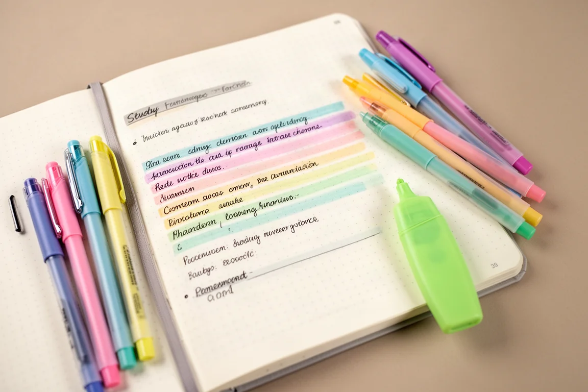 Caderno aberto com anotações de estudo grifadas e canetas coloridas ao lado